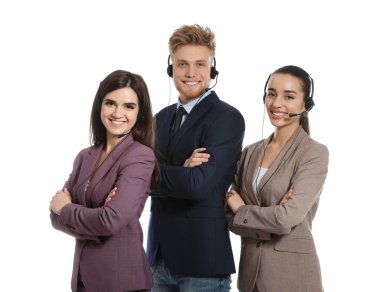 Technical support operators with headsets on white background clipart