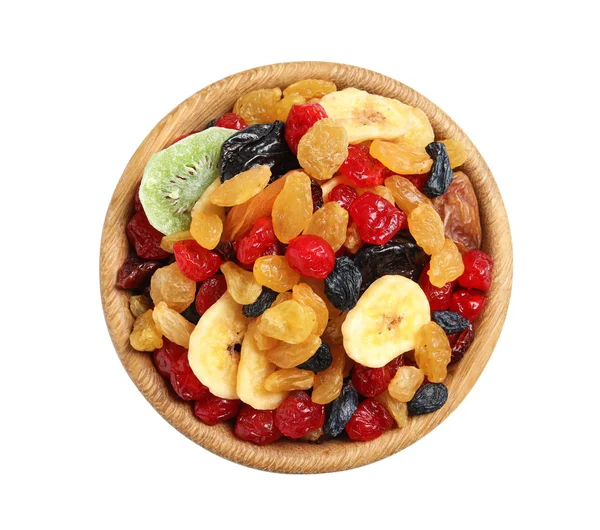 Tál, különböző aszalt gyümölcsökkel, fehér háttér, felülnézet. Egészséges életmód — Stock Fotó