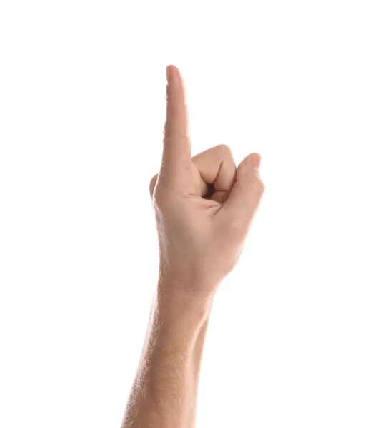 Hombre señalando algo sobre fondo blanco, primer plano de la mano — Foto de Stock