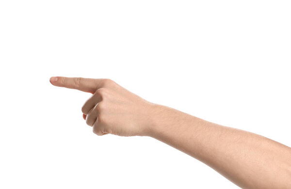 Man pointing at something on white background, closeup of hand