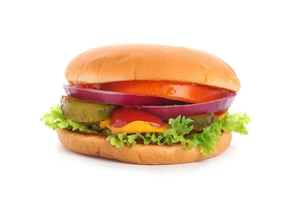 Hambúrguer saboroso no fundo branco. Comida americana tradicional — Fotografia de Stock