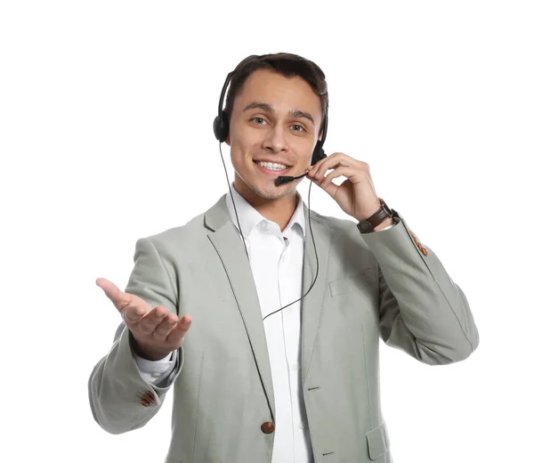 Operador de suporte técnico com fone de ouvido em fundo branco — Fotografia de Stock