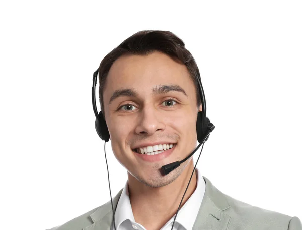 Technischer Support mit Headset auf weißem Hintergrund — Stockfoto