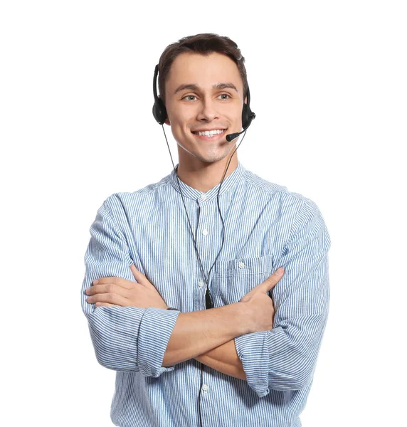 Operador de soporte técnico con auriculares sobre fondo blanco — Foto de Stock