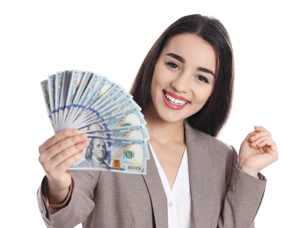 Porträt einer glücklichen jungen Geschäftsfrau mit Geld auf weißem Hintergrund — Stockfoto