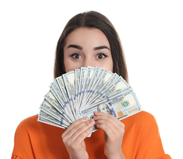 Portrett av lykkelig ung kvinne med penger på hvit bakgrunn – stockfoto