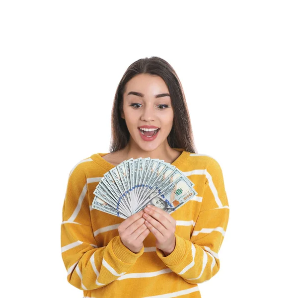 Retrato de jovem feliz com dinheiro no fundo branco — Fotografia de Stock