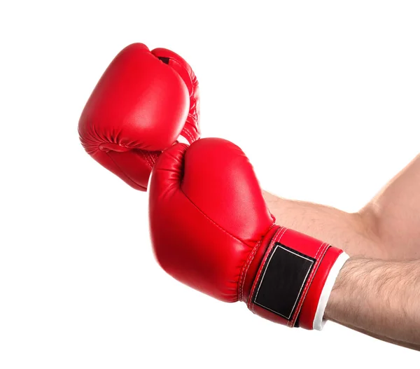 Hombre en guantes de boxeo sobre fondo blanco, primer plano — Foto de Stock