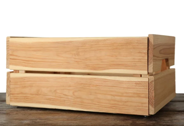 Пустой деревянный ящик на столе на белом фоне — стоковое фото