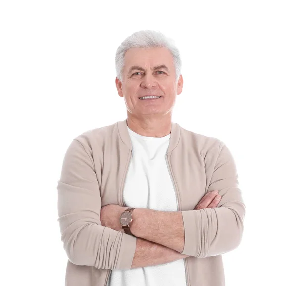 Retrato de belo homem maduro no fundo branco — Fotografia de Stock