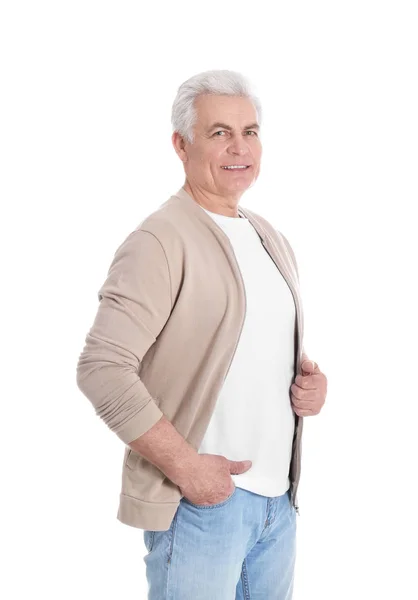 Portrait of handsome mature man on white background — Stock Photo, Image