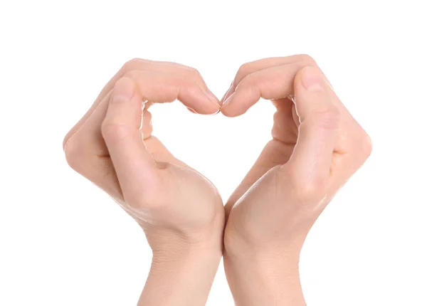 Mulher fazendo coração com as mãos no fundo branco, close-up — Fotografia de Stock