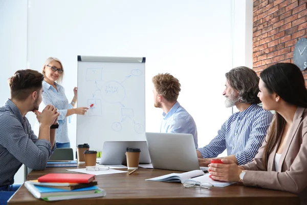 Mensen uit het bedrijfsleven luisteren naar de leider over de bijeenkomst in office. Professionele communicatie — Stockfoto