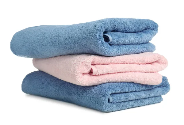 Folded soft terry towels on white background — Stock Photo, Image