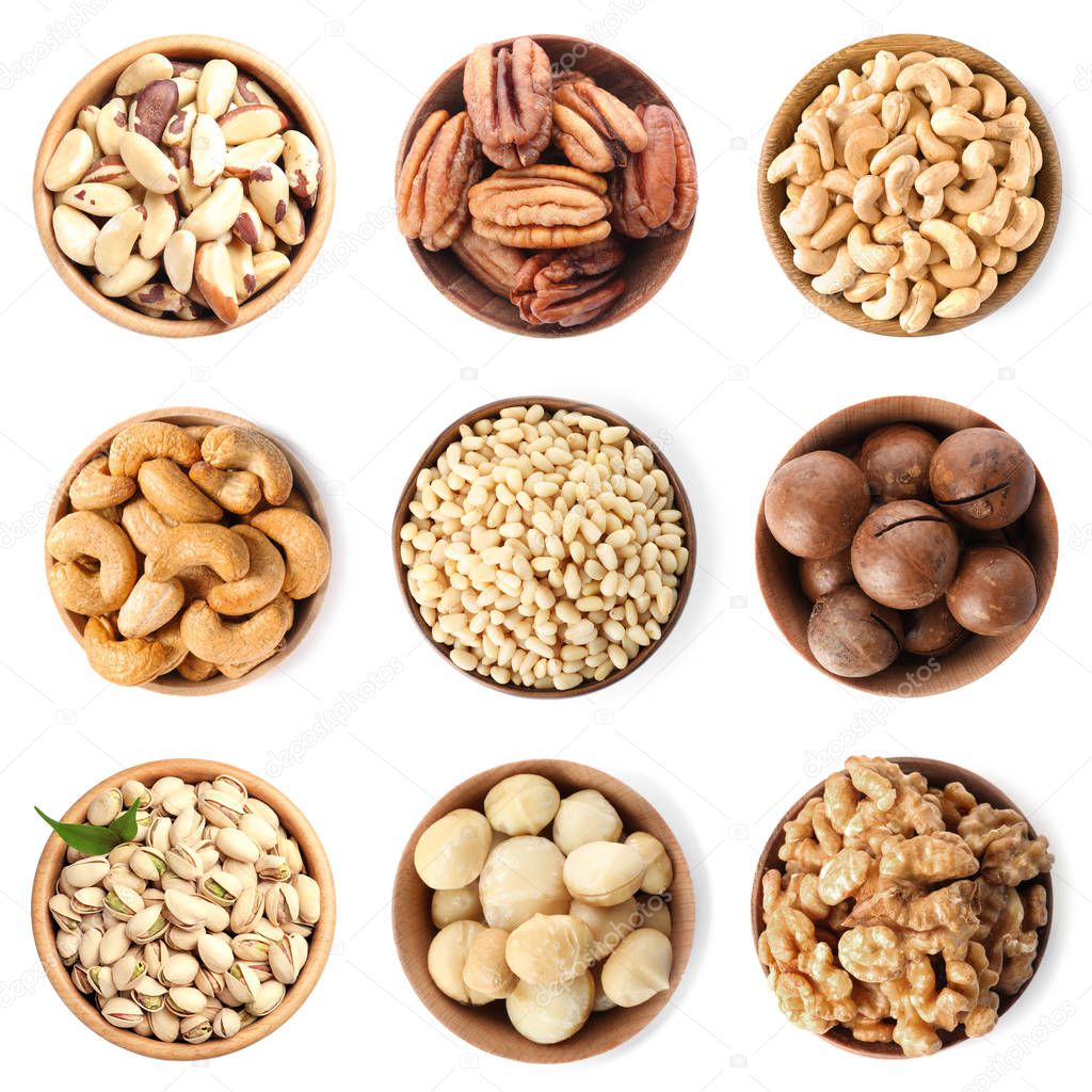 Set of bowls with different organic nuts on white background, top view 
