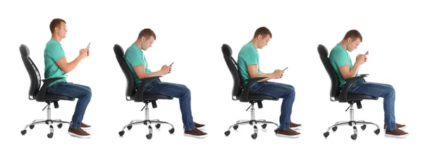 Colagem de homem sentado na cadeira e usando telefone celular contra fundo branco. Conceito de postura — Fotografia de Stock