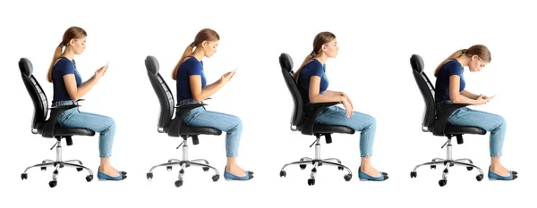 A nő ül a székre, fehér háttér kollázs. Testtartás koncepció — Stock Fotó