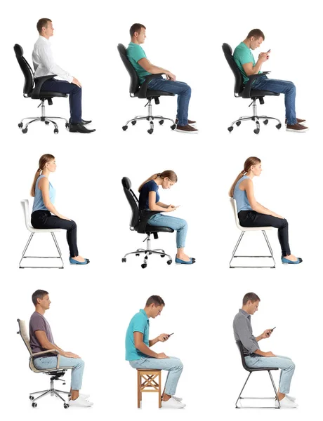 Collage of people sitting on chairs against white background. Posture concept — Stock Photo, Image