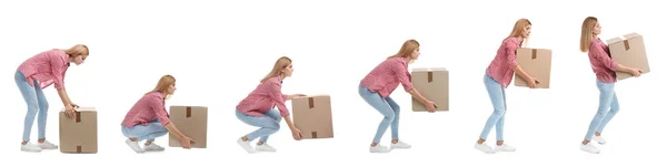 Collage of woman lifting heavy cardboard box on white background. Posture concept — Stock Photo, Image