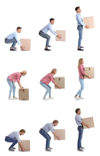 Collage de personnes soulevant une lourde boîte en carton sur fond blanc. Concept de posture — Photo