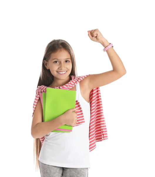 Chica preadolescente emocional con cuadernos contra fondo blanco — Foto de Stock