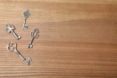 Eski vintage anahtar taşı ahşap arka plan, düz üstünde yatıyordu. Metin için yer