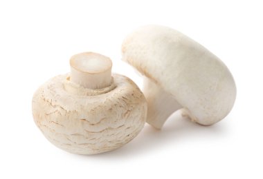 Beyaz arka planda taze çiğ şampiyon mantarları