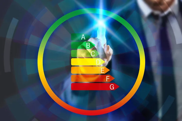 Businessman pressing button on virtual screen, closeup. Energy efficiency concept — Stock Photo, Image