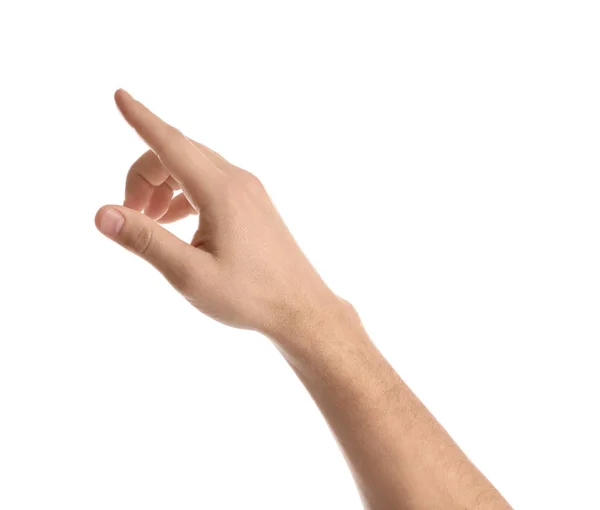 Homem apontando para algo no fundo branco, close-up da mão — Fotografia de Stock