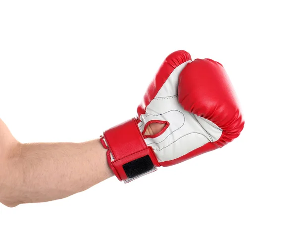 Mann im Boxhandschuh auf weißem Hintergrund, Nahaufnahme — Stockfoto