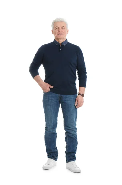 Knappe volwassen man in stijlvolle kleding op witte achtergrond — Stockfoto