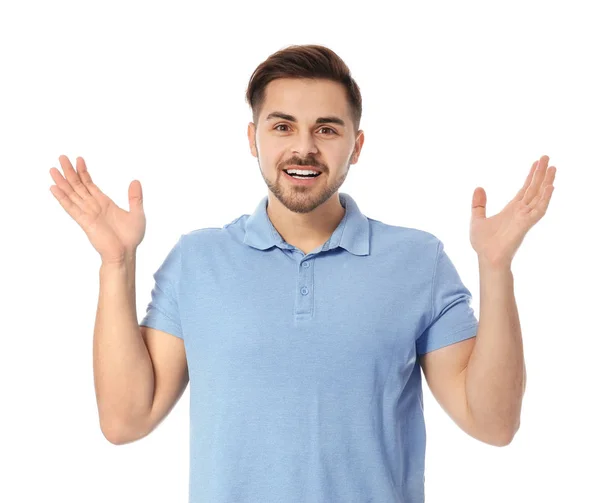 Retrato de homem bonito feliz no fundo branco — Fotografia de Stock