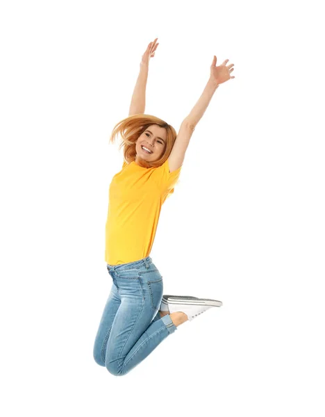 Retrato de longitud completa de mujer hermosa feliz saltando sobre fondo blanco —  Fotos de Stock