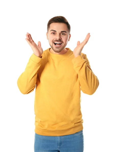 Retrato de homem bonito emocional no fundo branco — Fotografia de Stock