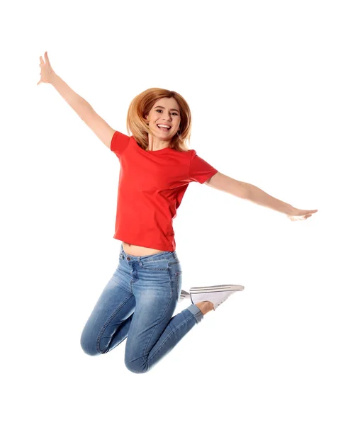 Retrato de longitud completa de mujer hermosa feliz saltando sobre fondo blanco — Foto de Stock