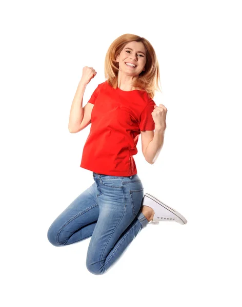 Retrato de longitud completa de mujer hermosa feliz saltando sobre fondo blanco —  Fotos de Stock