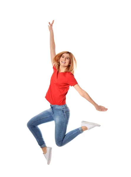 Retrato de longitud completa de mujer hermosa feliz saltando sobre fondo blanco —  Fotos de Stock