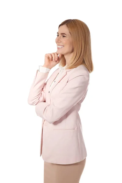 Портрет счастливой успешной предпринимательницы на белом фоне — стоковое фото