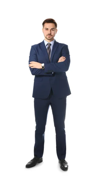 Retrato completo del hombre de negocios posando sobre fondo blanco — Foto de Stock
