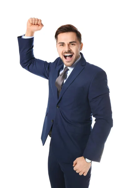 Portrait of emotional businessman on white background — Stock Photo, Image