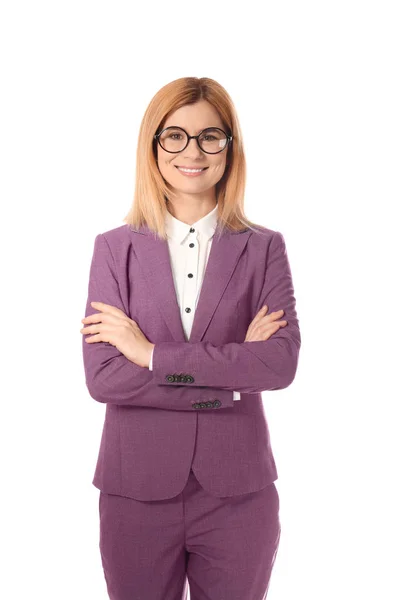 Retrato de empresaria exitosa posando sobre fondo blanco — Foto de Stock