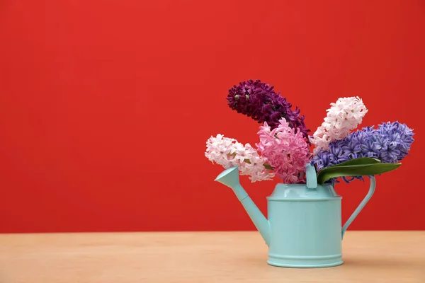 색 배경, 텍스트에 대 한 공간에 대 한 테이블에 물을 수 있는 아름 다운 히 아 신 스. 봄 꽃 — 스톡 사진