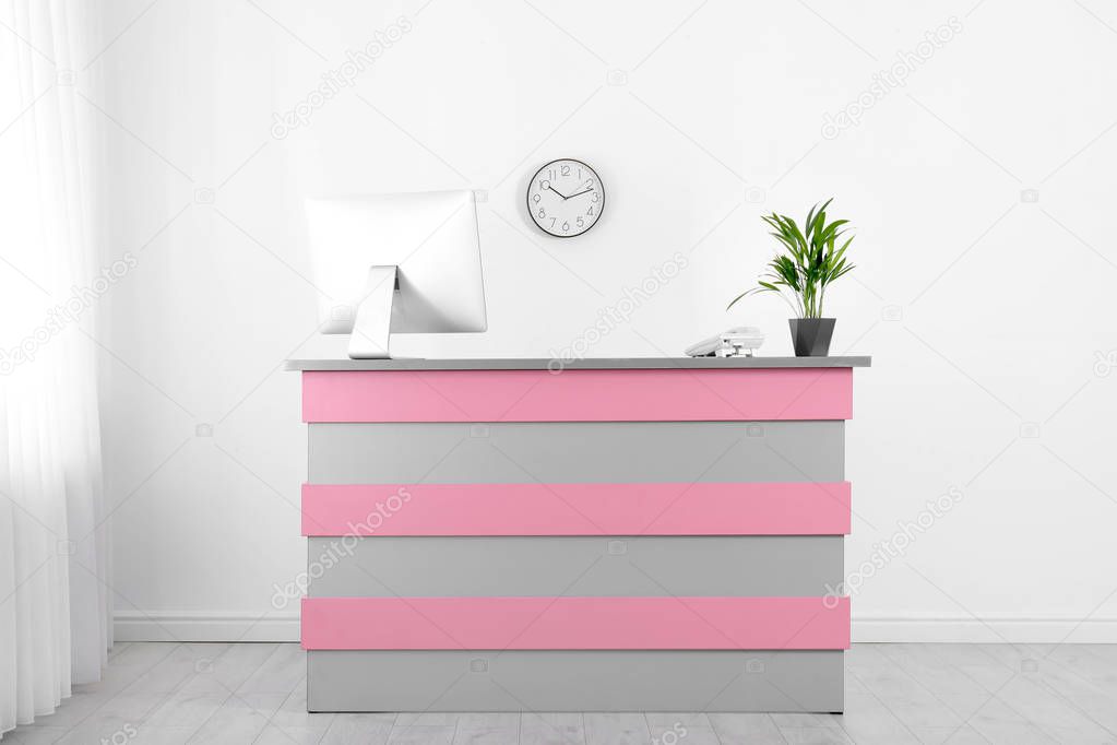 Modern reception desk in beauty salon. Stylish interior