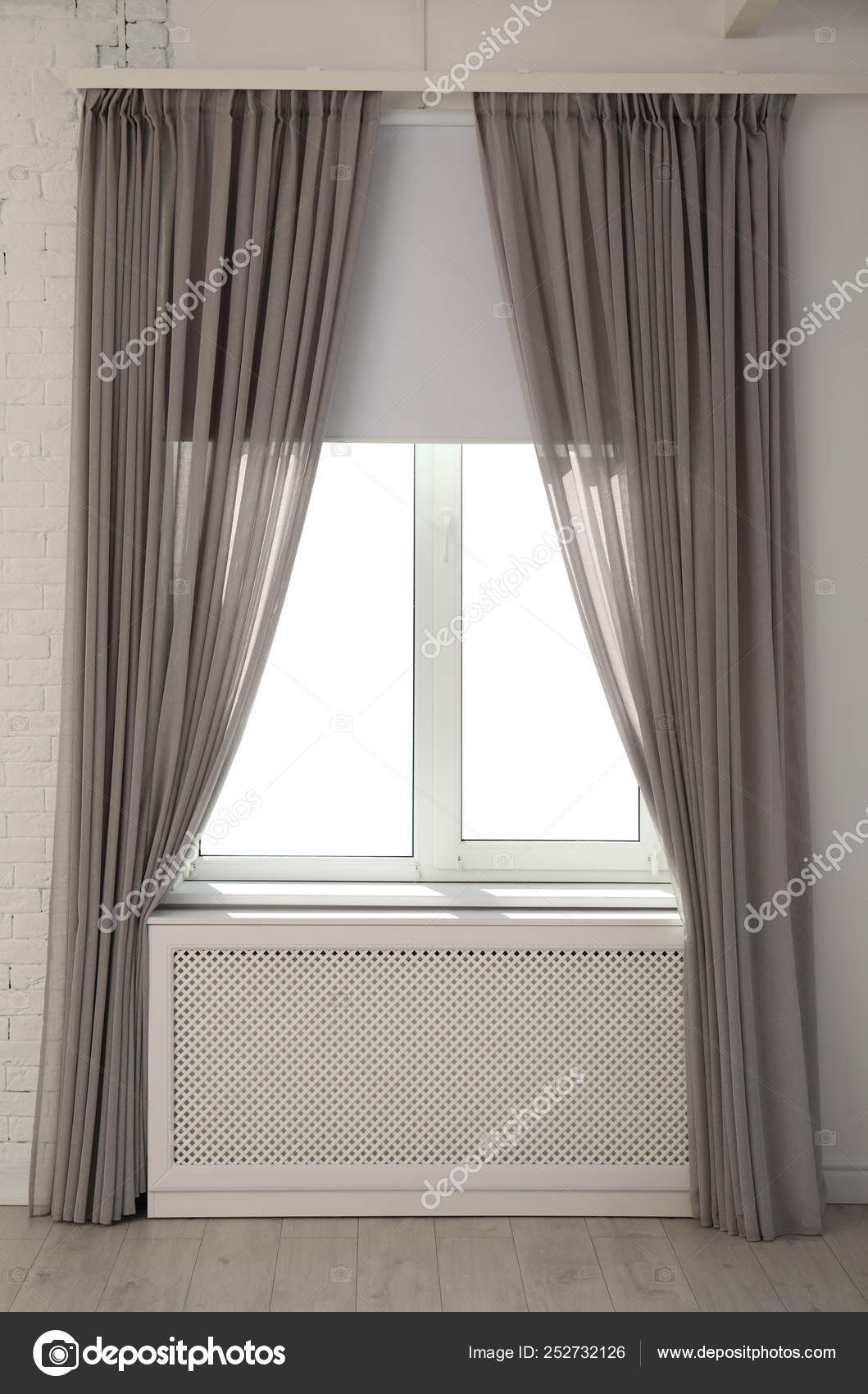 New Modern Window With Curtains In Room Stock Photo New Modern Window With Curtains In Room Stock Photo