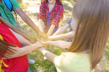 Grup gönüllü closeup putting eller birlikte açık havada,