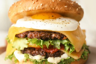 Kızarmış yumurta ile lezzetli Burger closeup görünümü