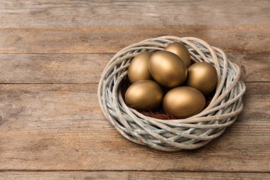 Altın yumurta yuvada ahşap arka plan, metin için yer