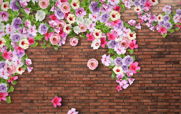 Brick fence with blooming flowers, space for text. Landscape gardening