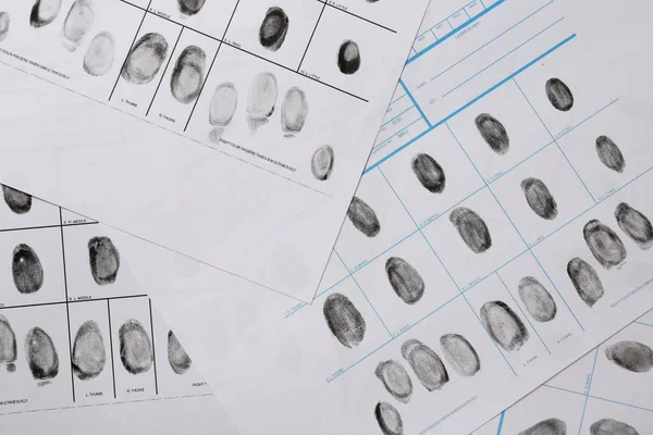 Fogli di registrazione delle impronte digitali, vista dall'alto. Indagini penali — Foto Stock