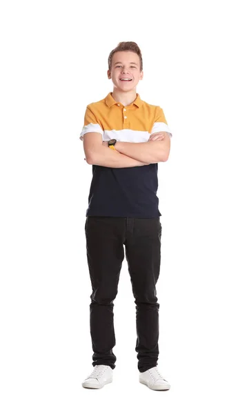 Portré, szép tizenéves fiú fehér háttér — Stock Fotó